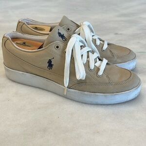 Polo by Ralph Lauren Size 10D Low Faxon X Tan Beige Canvas Boat Shoes Sn…